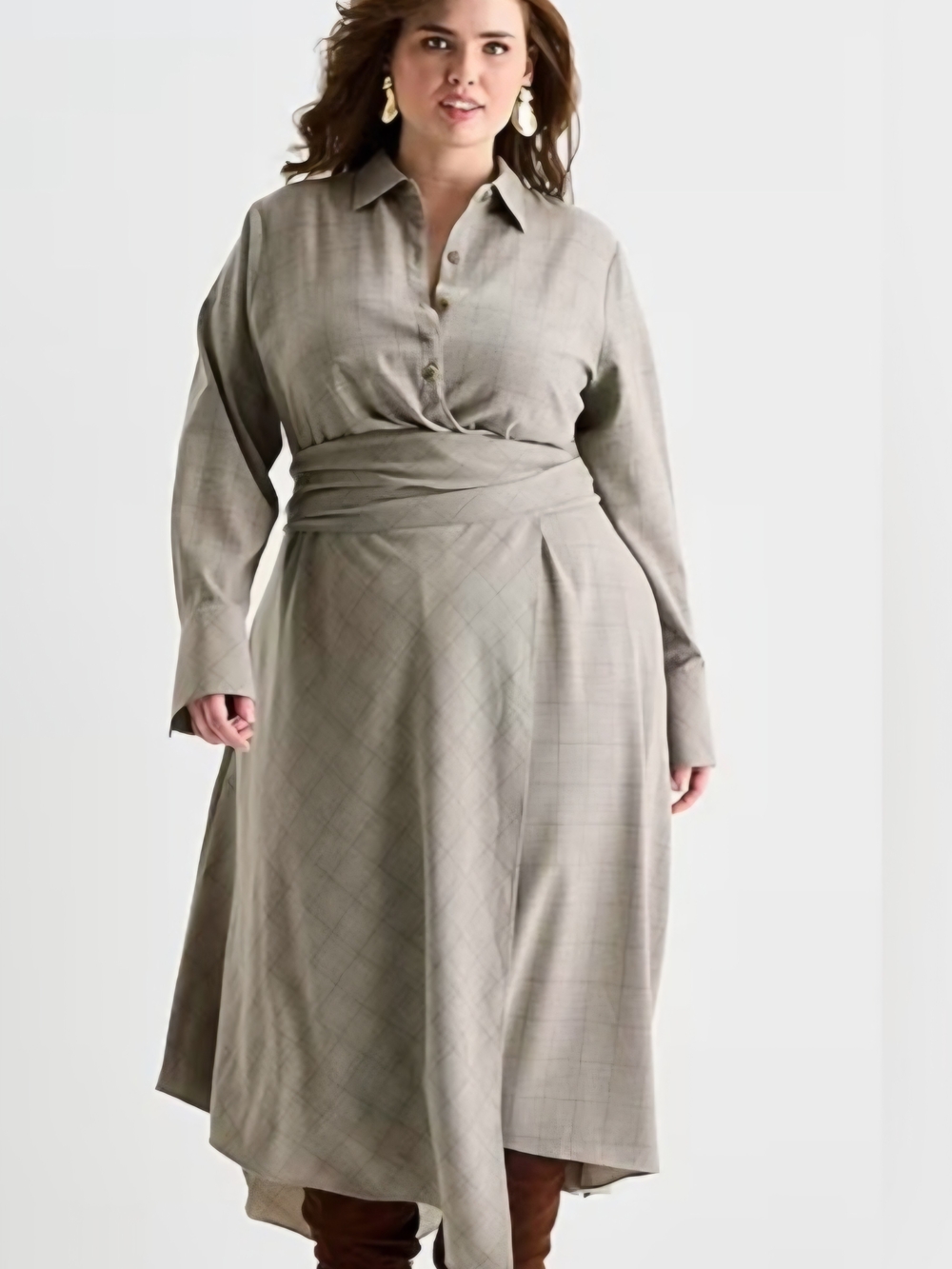 Ashley Graham Taupe Plaid Wrap Midi Dress